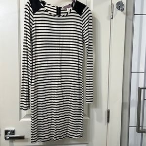 Black/ white stripped long sleeve dress; pho leather on shoulders